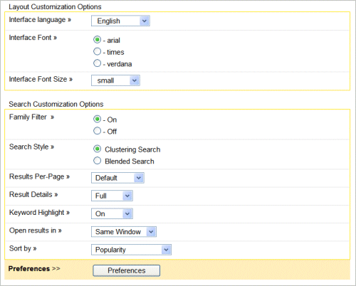 preference setting interface